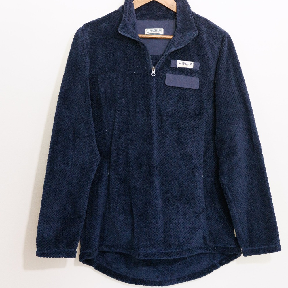 Magellan Outdoors Navy Blue Quarter Zip Fleece Pullover Textured Jacket Large
